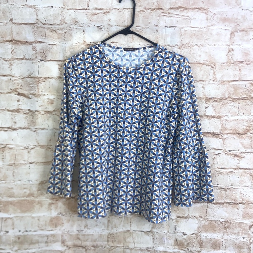 J.McLaughlin Geometric Print 3/4 Bell Sleeve Top Size Small